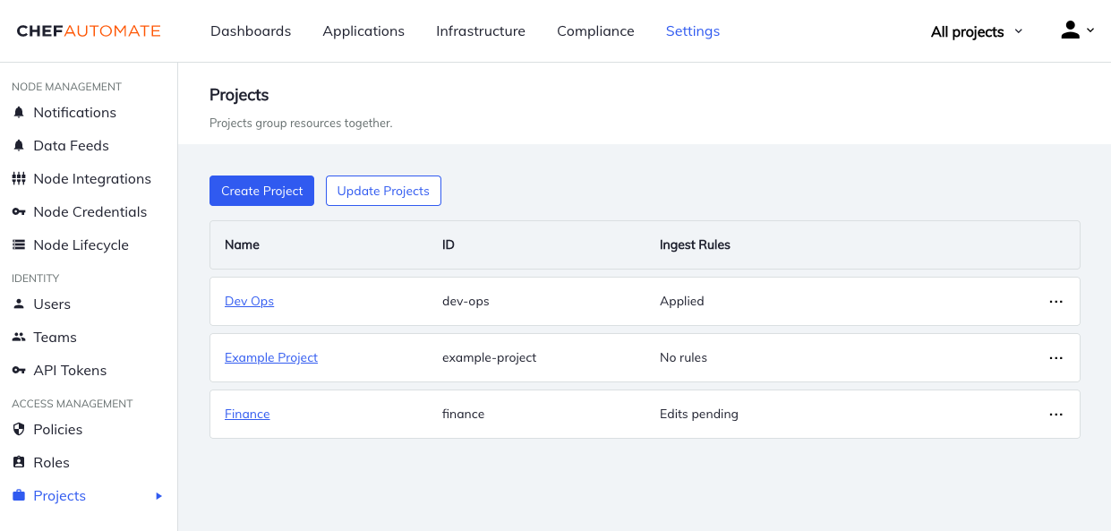 Chef Automate projects settings page